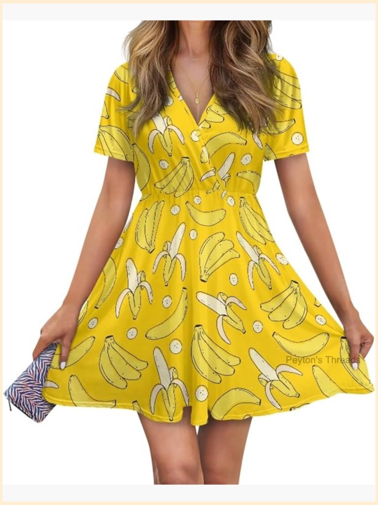 Short Sleeve V Neck A-Line Mini Dress With Elastic Waistband For Travel Beach